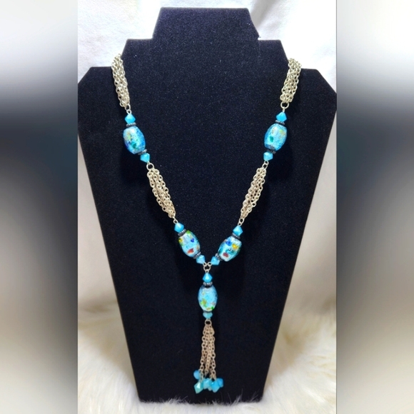Jewelry - Elegant Blue and Silver Necklace with Y-Shape Design